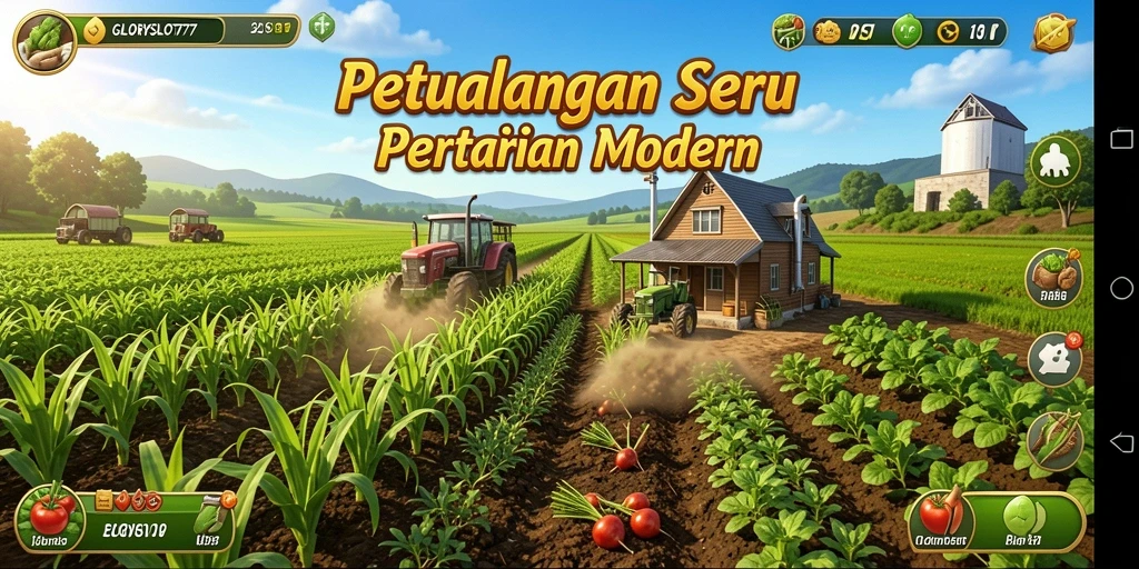 Screenshot gameplay GLORYSLOT777 yang menunjukkan aktivitas bertani.