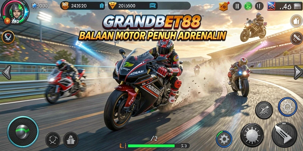 Tampilan gameplay seru dari GRANDBET88 dengan balapan motor yang menegangkan.