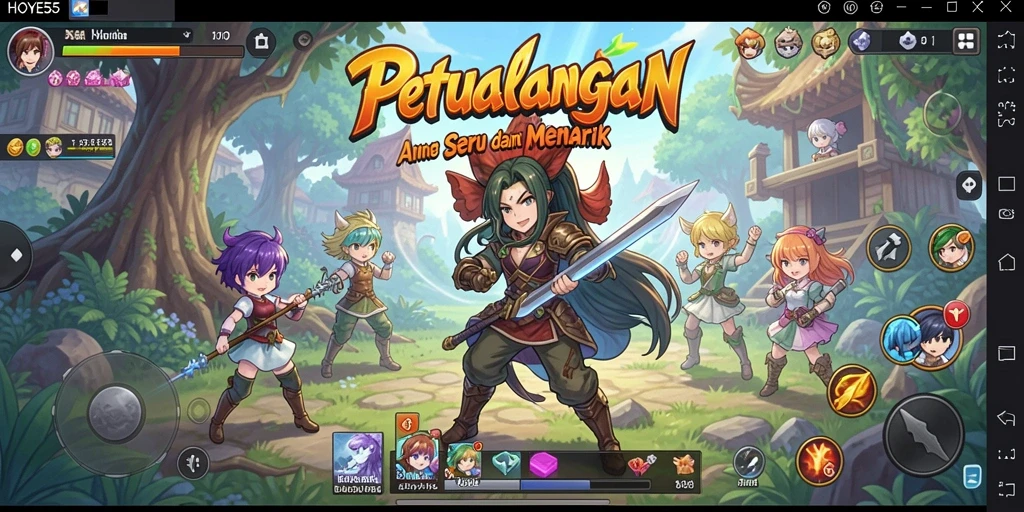 Tampilan gameplay HOYE55 menampilkan aksi karakter anime yang mendebarkan.