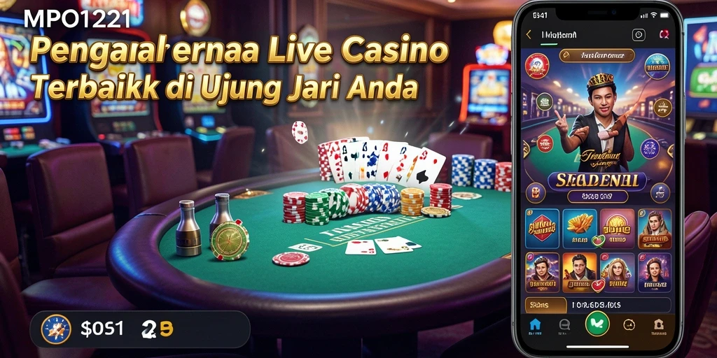 Screenshot gameplay MPO1221 menampilkan dealer langsung dan suasana kasino yang nyata.