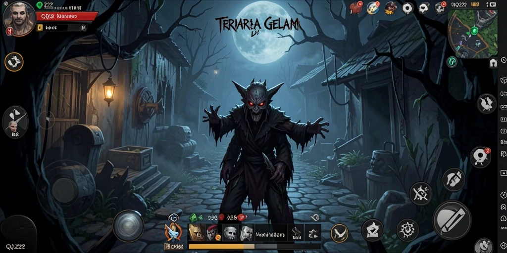 Screenshot gameplay QQ222 menampilkan kegelapan yang menyeramkan dan suasana mencekam.